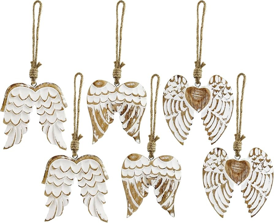 AuldHome Angel Wing Wooden Ornaments (Set of 6); Farmhouse Rustic Carved Wood Christmas Decoratio... | Amazon (US)