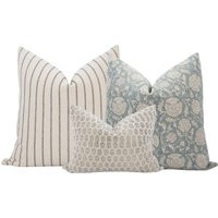 Neutral Blue Pillow Cover Set Cream Block Print Farmhouse Floral Coastal Spring Pillows | Etsy (US)