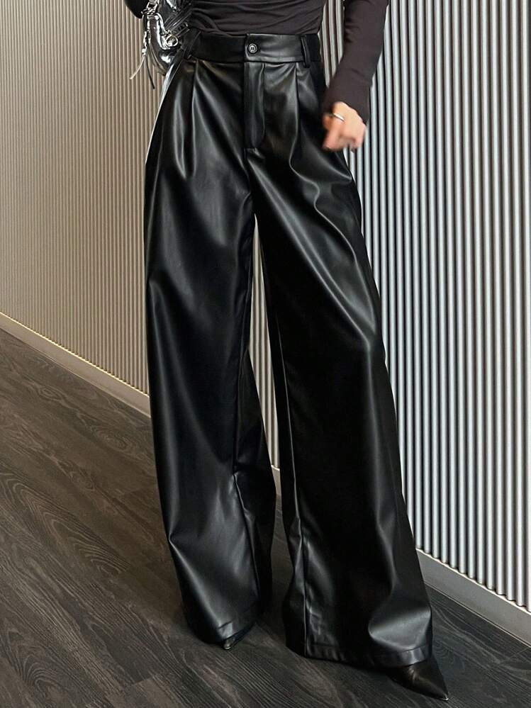 EU/UK Warehouse

DAZY Women's Solid Color PU Pinched Pleated Wide Leg Pants, Autumn/Winter | SHEIN