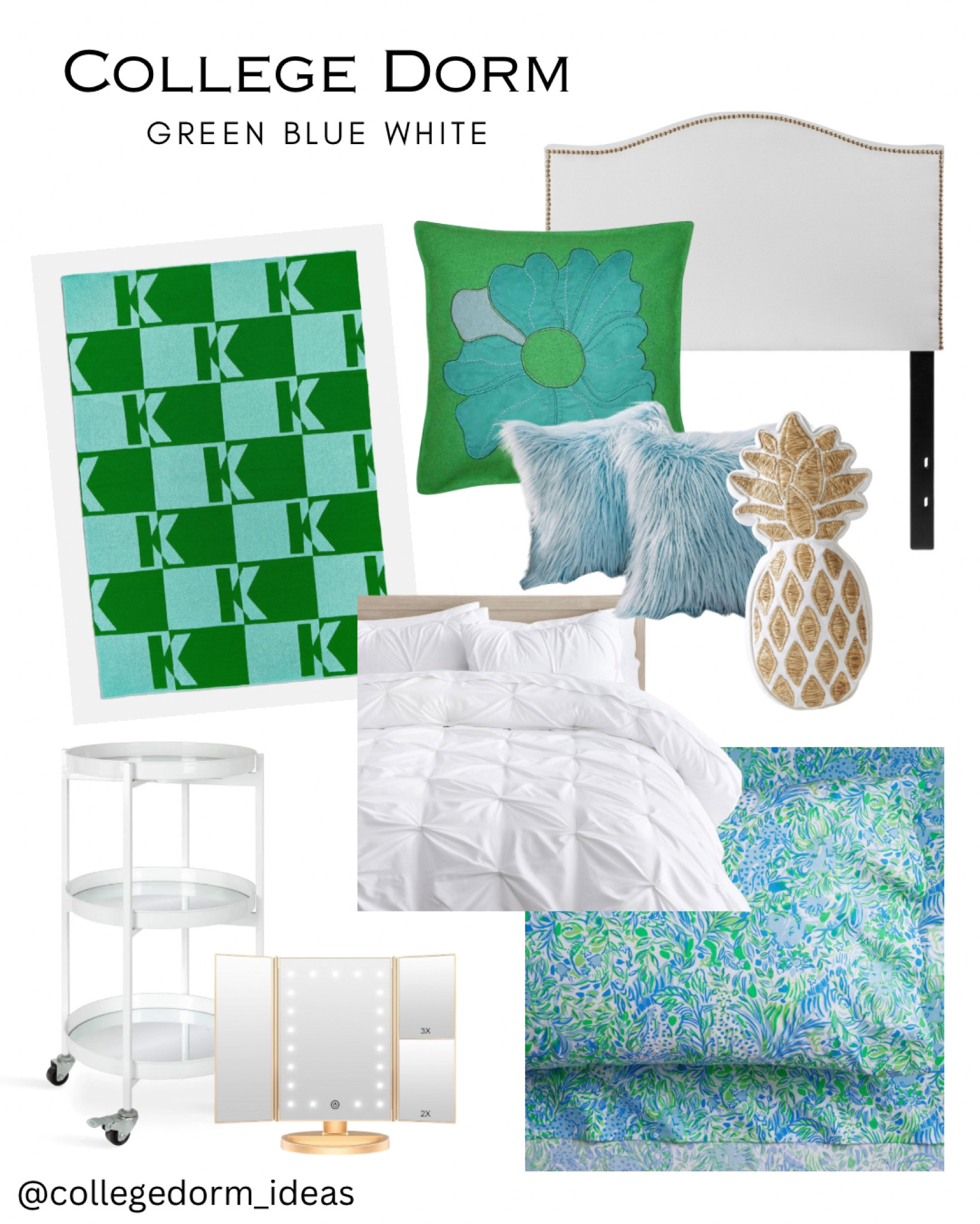 College dorm room inspiration: blue green white gold

#collegedorm #dormroom 