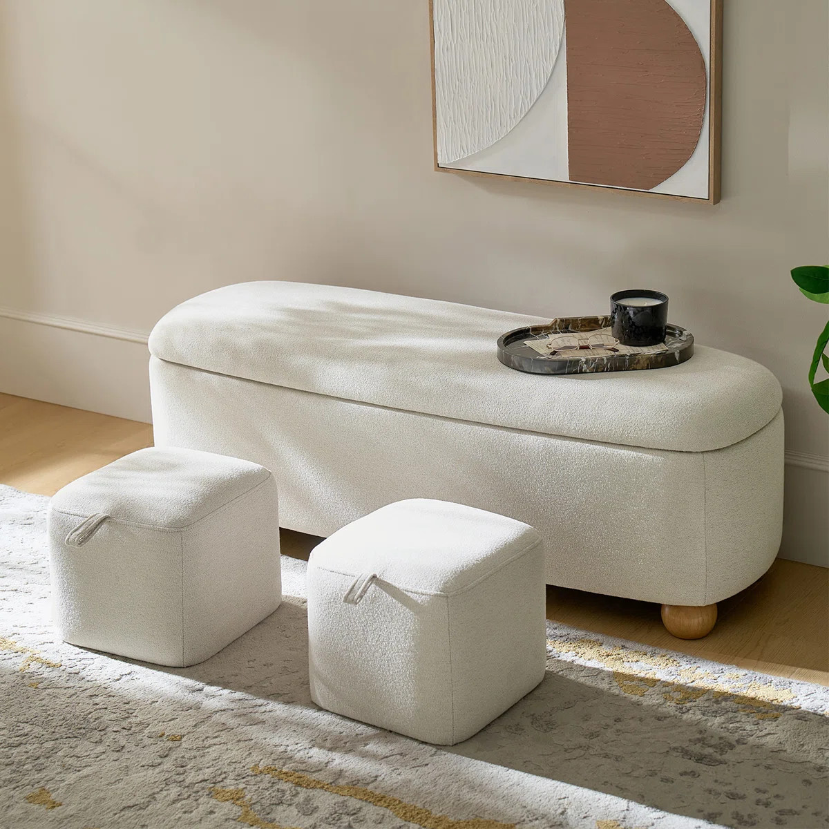 Darioush Modern 51" Wide Polyester Storage Bench with Solid Wood Legs and Two Ottomans | Wayfair North America