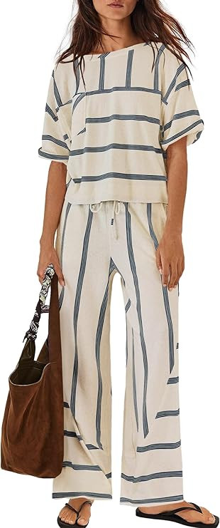 Nirovien Womens Striped Lounge Set 2 Piece Vacation Sets Short Sleeve Tops and Wide Leg Pants Tra... | Amazon (US)