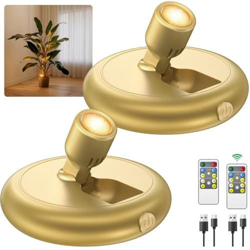 Rechargeable Battery LED Spotlight Indoor: Wireless Mini Art Accent Spot Lights with Timer Remote - Small Dimmable Uplight for Plants Display Painting Dartboard Artwork Portrait Closet (2 pack-gold) | Amazon (US)