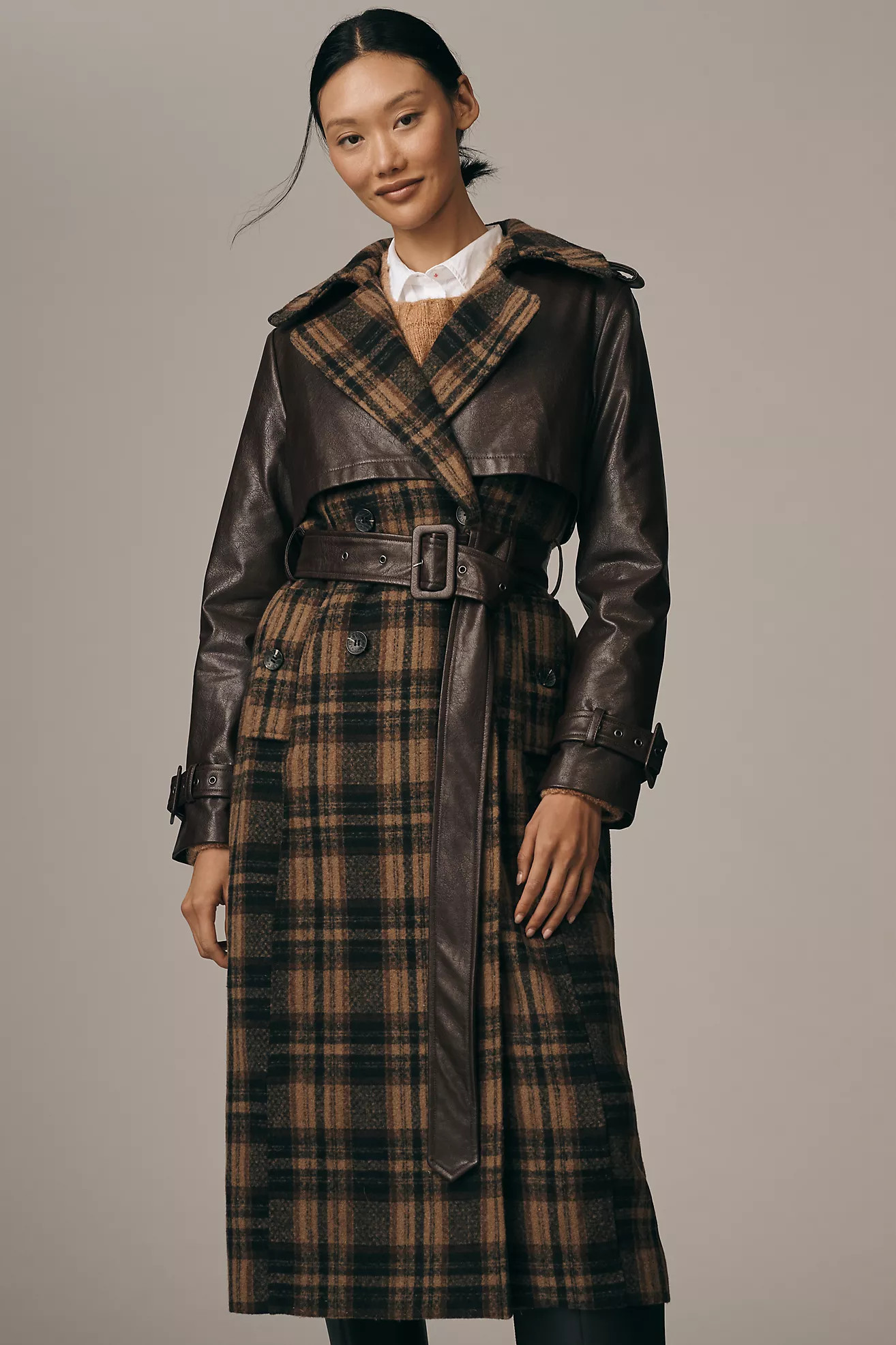 Avec Les Filles Faux Leather Oversized Plaid Trench Coat | Anthropologie (US)