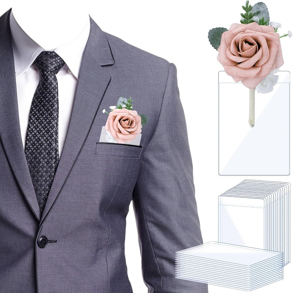 Pocket Boutonniere Plastic Sleeve for Groom Groomsmen Wedding Boutonniere Pocket Square No Lapel ... | Amazon (US)