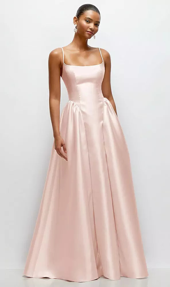 Scoop Neck Drop Basque Skirt Satin Maxi Dress with Pockets in Blush | Dessy Group