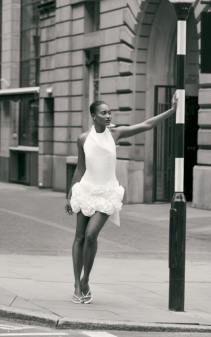 Premium White Woven Floral Ruffle Detail High Neck Cowl Bodycon Dress | PrettyLittleThing US