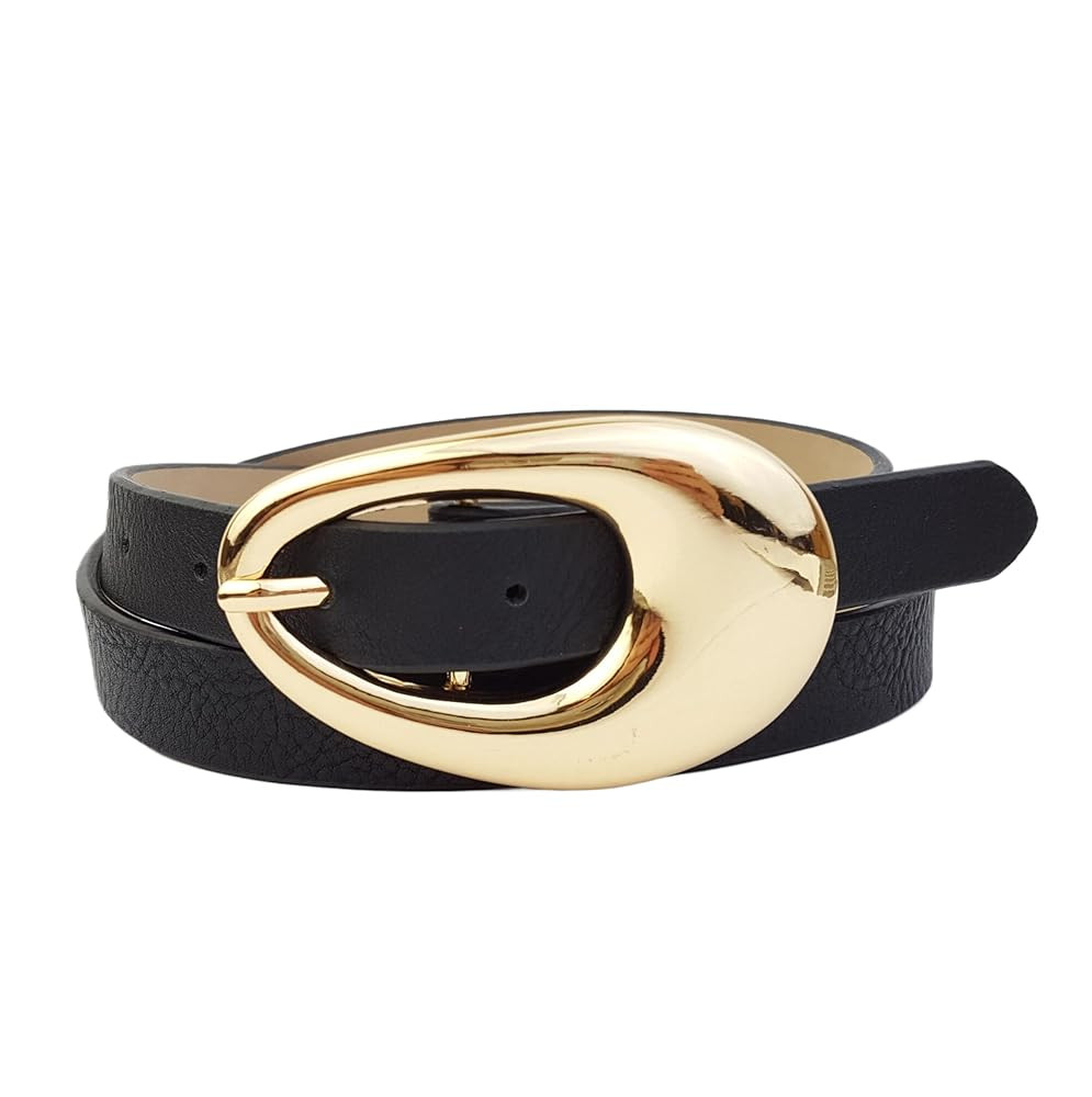 Gold Oval Buckle Belt - Black, Women's Fashion Trendy Belt | Amazon (US)