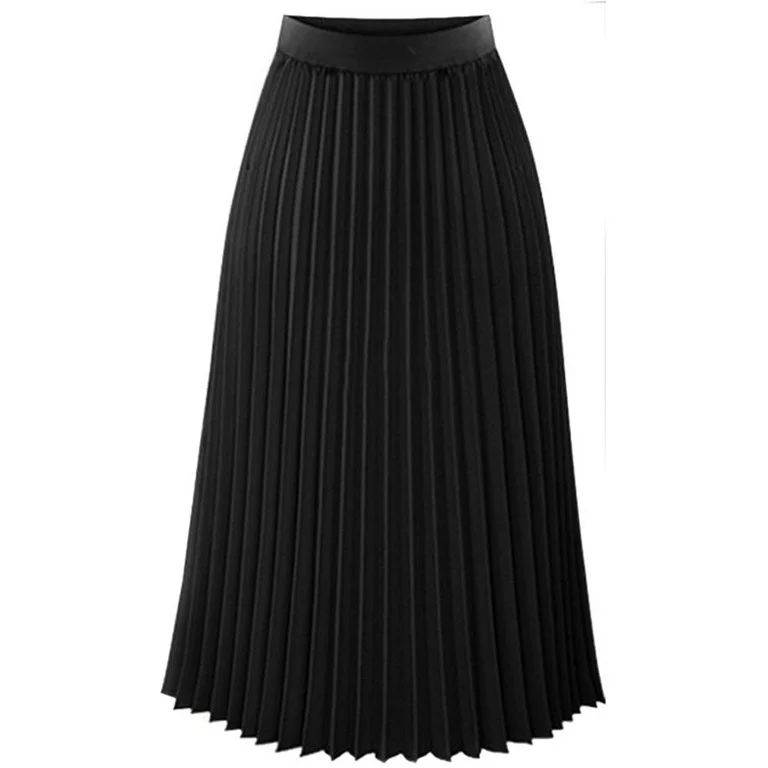 TWGONE Womens Solid Pleated Elegant Midi Elastic Waist Maxi Skirt, Black, XL - Walmart.com | Walmart (US)