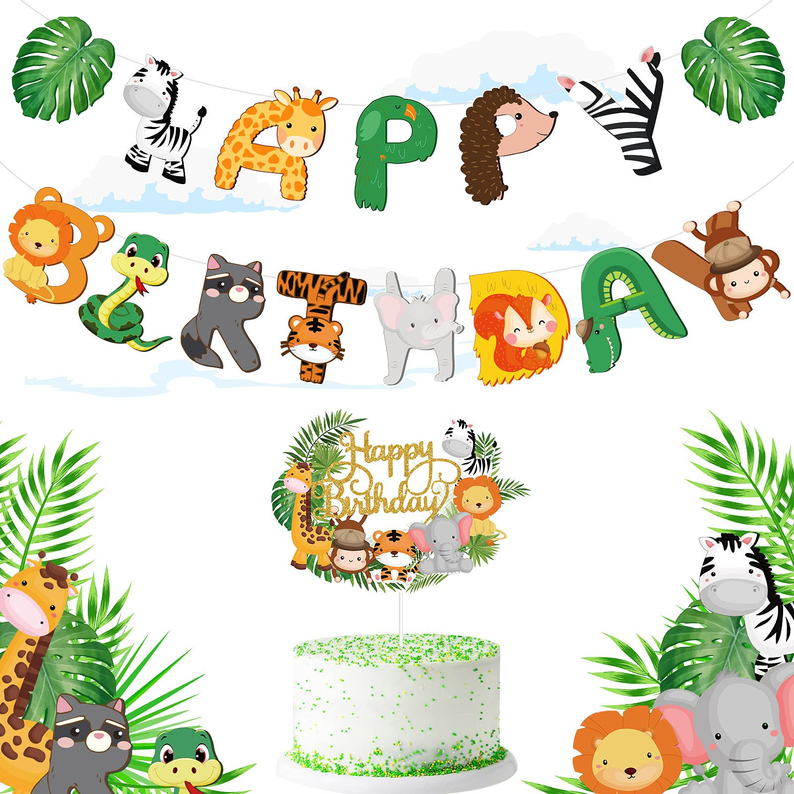 Clabby 2 Pieces Safari Animals Happy Birthday Banner Cupcake Topper Jungle Theme Supplies, Safari Decorations Baby Shower Decorations for Two Wild Theme Party Birthday Party Supplies | Amazon (US)