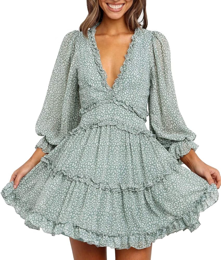 Boho Ruffle Floral Print Dress Long Sleeve Deep V Neck Backless Swing Mini Dresses for Women Part... | Amazon (US)