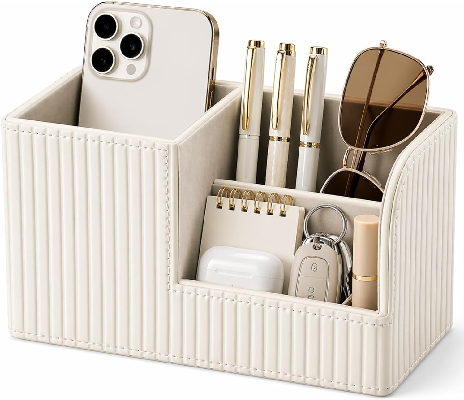 Desk Pen Organizer Office Supplies Caddy Pu Leather Multi-function Storage Box Pen/Pencil,Cell phone, Business Name Cards Remote Control Holder (Ivory White) | Amazon (US)