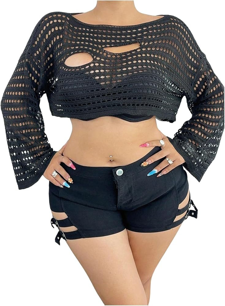OYOANGLE Women's Plus Size Hollow Out Cropped Sweater Boat Neck Y2K Knit Bolero Shrug | Amazon (US)