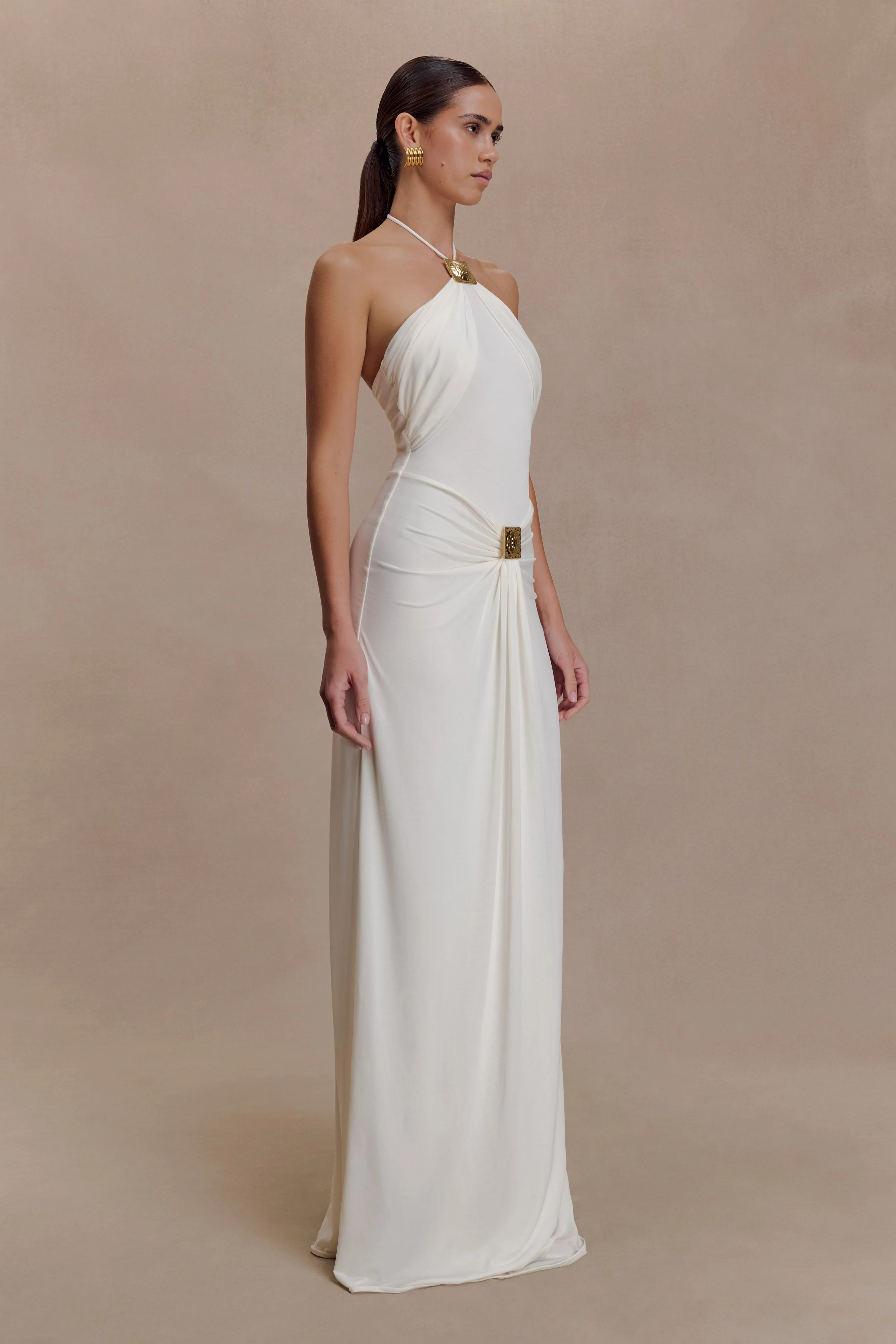 Quincy Halter Maxi Dress With Hardware - Ivory | MESHKI US