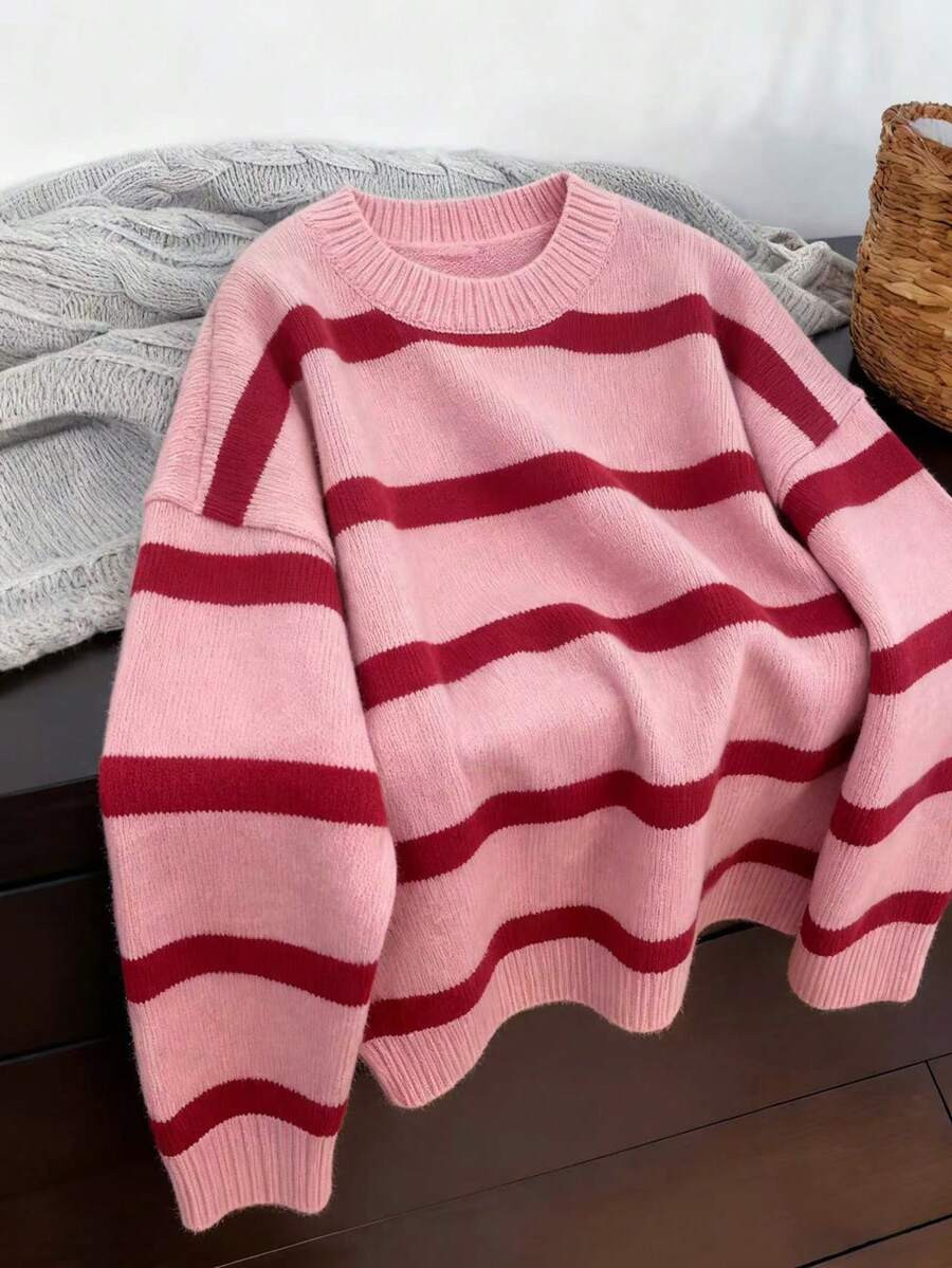 Women's Bright Striped Knit Long Sleeve Sweater, Soft & Comfortable Casual Pullover Top, Autumn/W... | SHEIN
