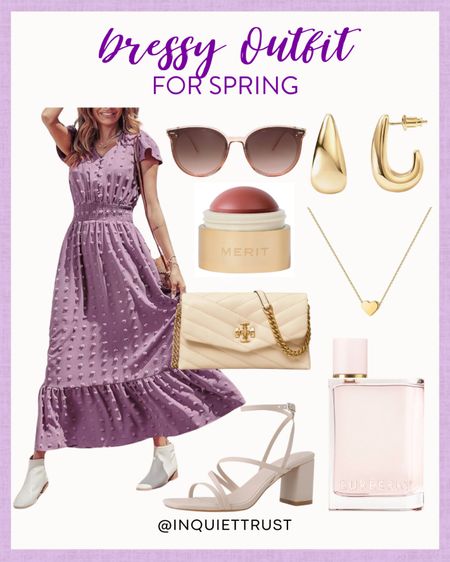 This outfit is a great choice for spring: a gorgeous purple maxi dress, white sandals, a neutral handbag, and gold accessories! Complete the look with sunglasses, blush, and your favorite perfume!
#fashionfinds #beautypicks #shoeinspo #dressylook

#LTKSeasonal #LTKstyletip #LTKshoecrush