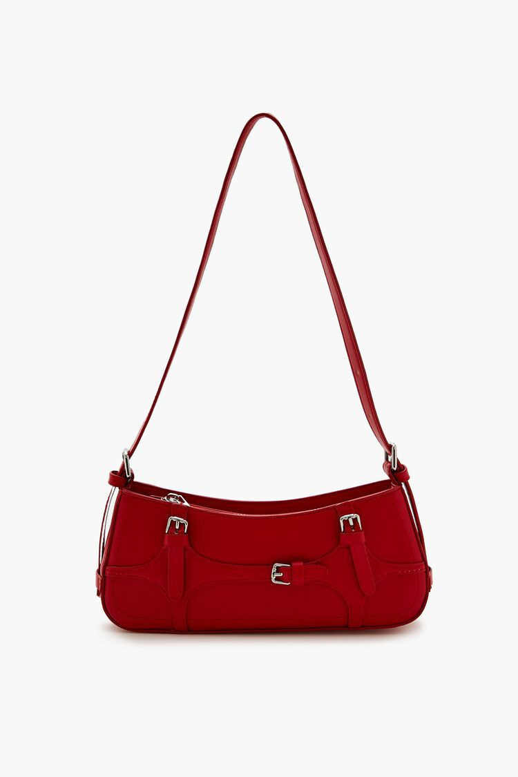 Women's Buckled Faux Leather Baguette Bag in Red | Forever 21