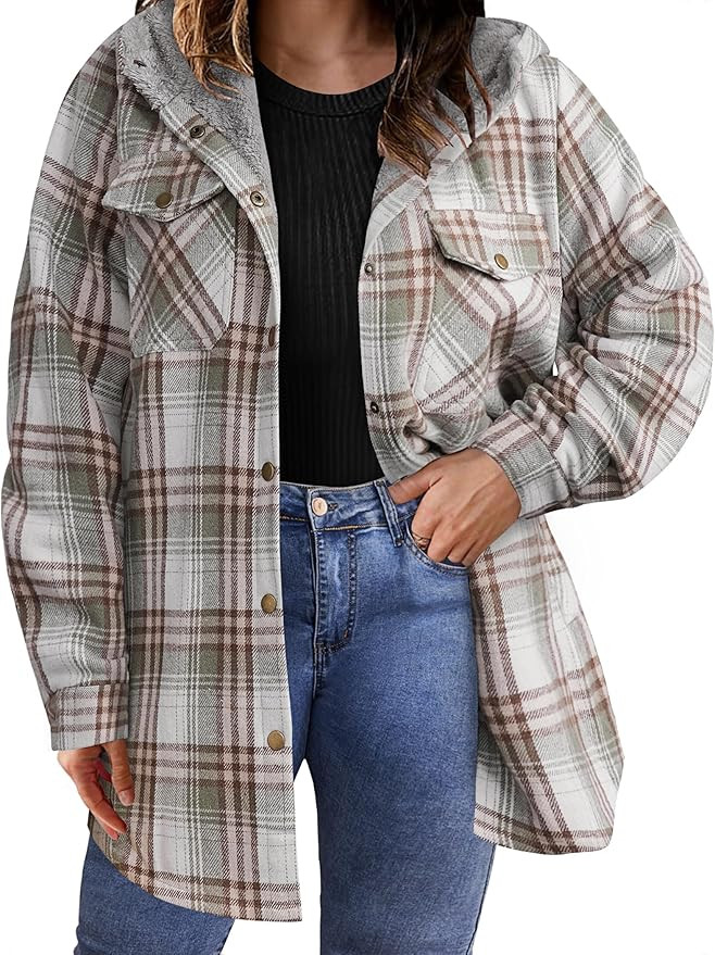 IN'VOLAND Plus Size Women Flannel Plaid Shacket Jacket Long Sleeve Button Down Fleece Hooded Jack... | Amazon (US)