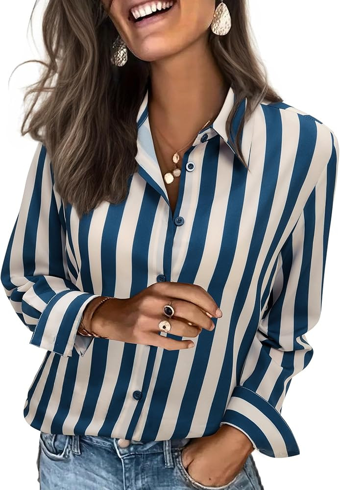 siliteelon Button Down Shirts for Women Striped Dress Shirts Long Sleeve Casual Collared Office W... | Amazon (US)