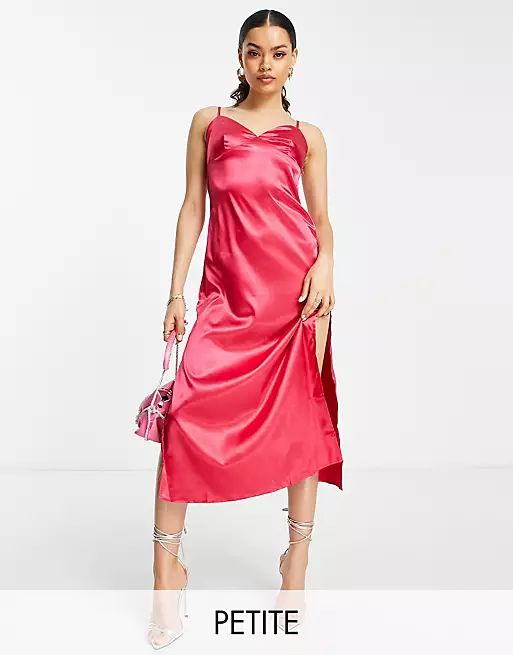 Urban Threads Petite satin cami slip dress in hot pink | ASOS (Global)