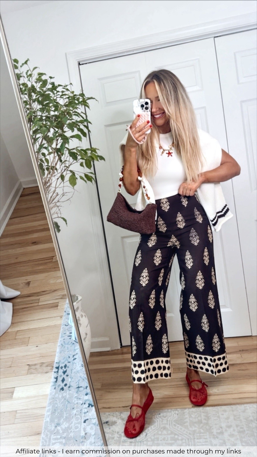 Affiliate links - I earn commission on purchases made through my links | summer outfit, brown statement pants, lobster sweater, straw bag, errands outfit