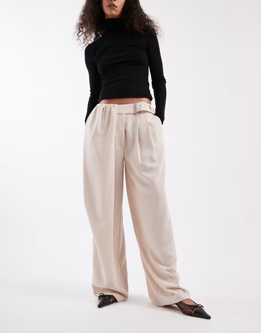 ASOS DESIGN tailored wide leg trousers with pleat overlay & belt detail in cream-White | ASOS (Global)