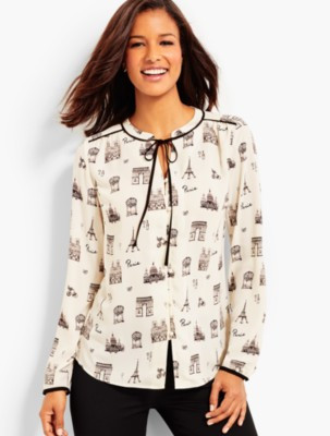 Talbots Women's Paris Print Tie Front Blouse | Talbots