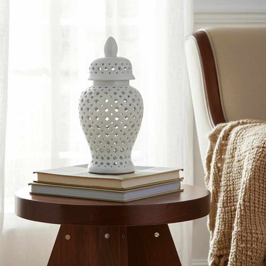 Modern Decorative Jar for Home Decor – Glossy Ceramic Table Jar with Pierced Cutout Design – ... | Wayfair North America