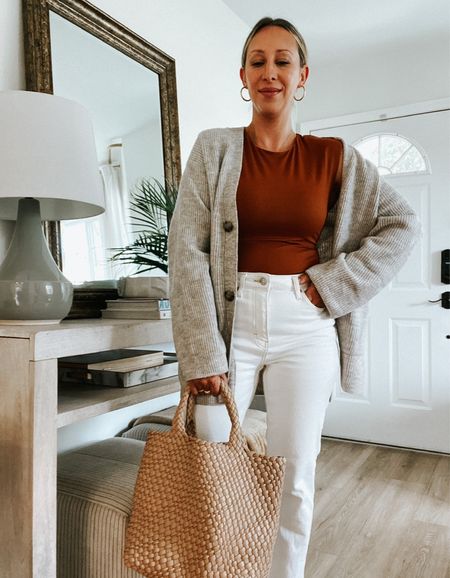 Favorite Amazon bodysuit I own it in three colors perfect for work or date night feels luxe on the body great for the price and flattering paired here with a boxy cardigan and white jeans 