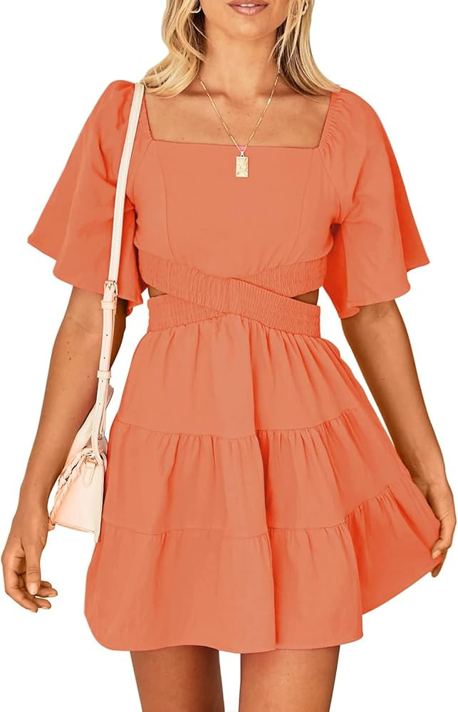 Shy Velvet Women's Summer Dress Square Neck Short Sleeves Crossover Waist Casual Party Mini Dress | Amazon (US)