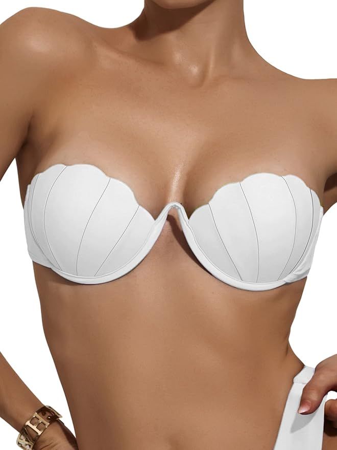 Milumia Women's Scallop Trim Strapless Push Up Tie Back Bandeau Bikini Top | Amazon (US)