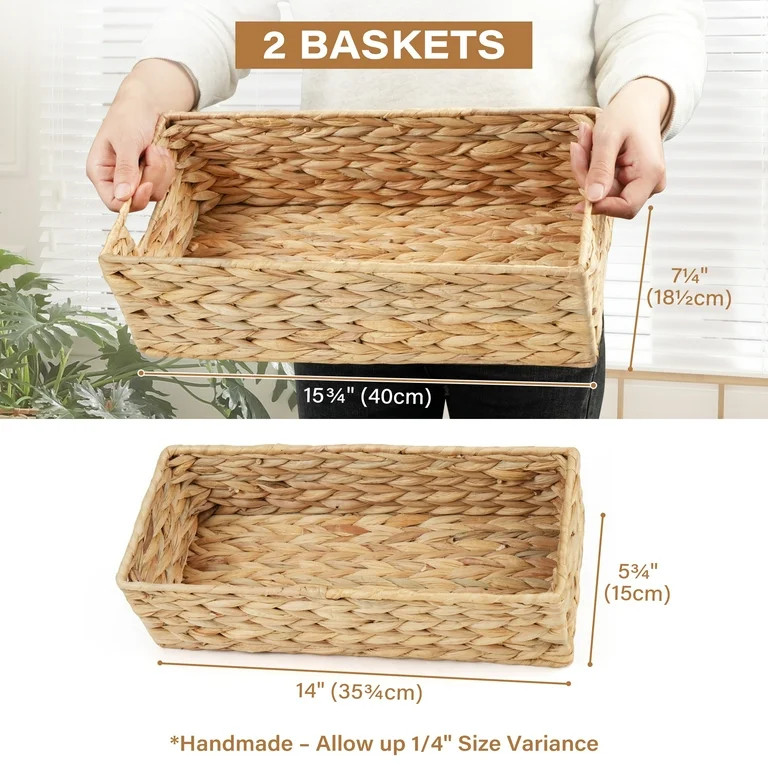 LotFancy Wicker Toilet Basket Tank Topper, 2 Pack Water Hyacinth Storage Basket for Shelves | Walmart (US)