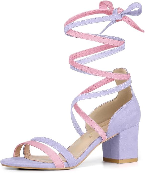 Allegra K Women's Open Toe Color Block Heel Lace Up Sandals | Amazon (US)