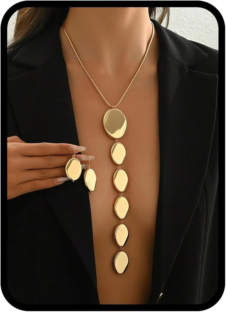 Statement Necklace and Earrings Set – 2PCS Gold Silver Chunky Geometric Pendant Jewelry with Sn... | Amazon (US)