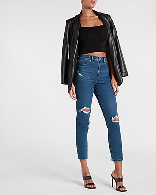 Super High Waisted Ripped Medium Wash Conscious Edit Mom Jeans | Express