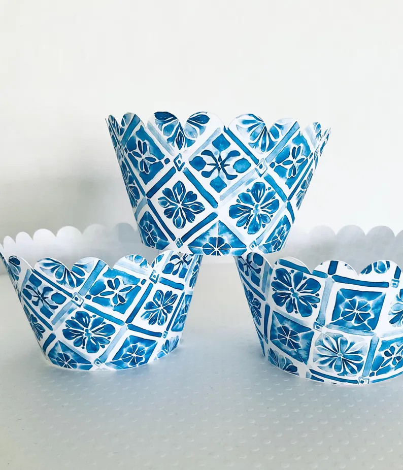Cupcake Wrappers 12 Premade Amalfi Coast Mediterranean Blue Tile Lemon Baby Shower She Found Her ... | Etsy (Global)