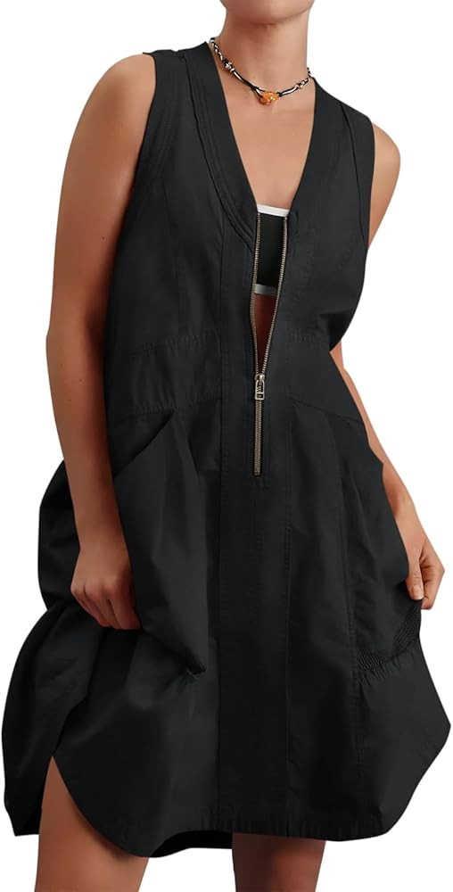 Fisoew Women's Sleeveless Tank Mini Dress Casual Half Zip V Neck Loose Mesh Back Utility Summer D... | Amazon (US)