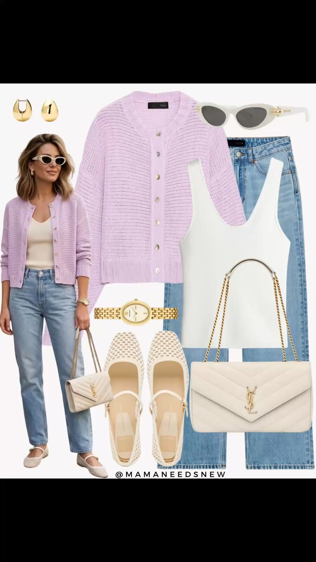 A spring outfit with a cardigan, jeans, tank top, Maryjane flats, shoulder bag 🤍💜

#LTKootd #LTKSeasonal #LTKSaleAlert