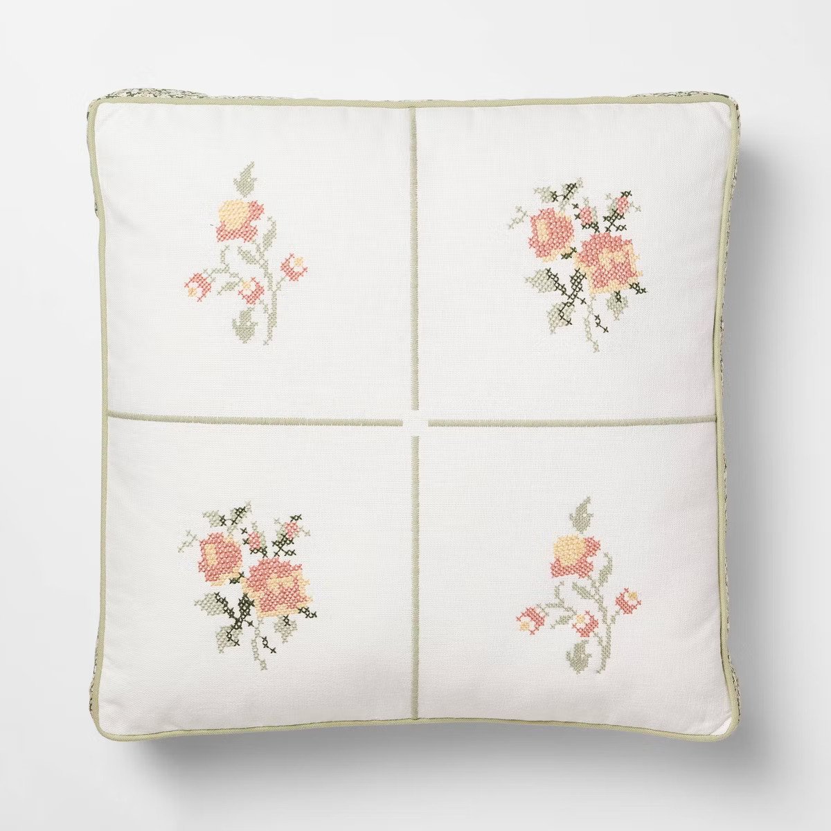 Square Cross-Stitched Floral Pillow with Printed Green/Pink - Threshold™ designed with Studio M... | Target
