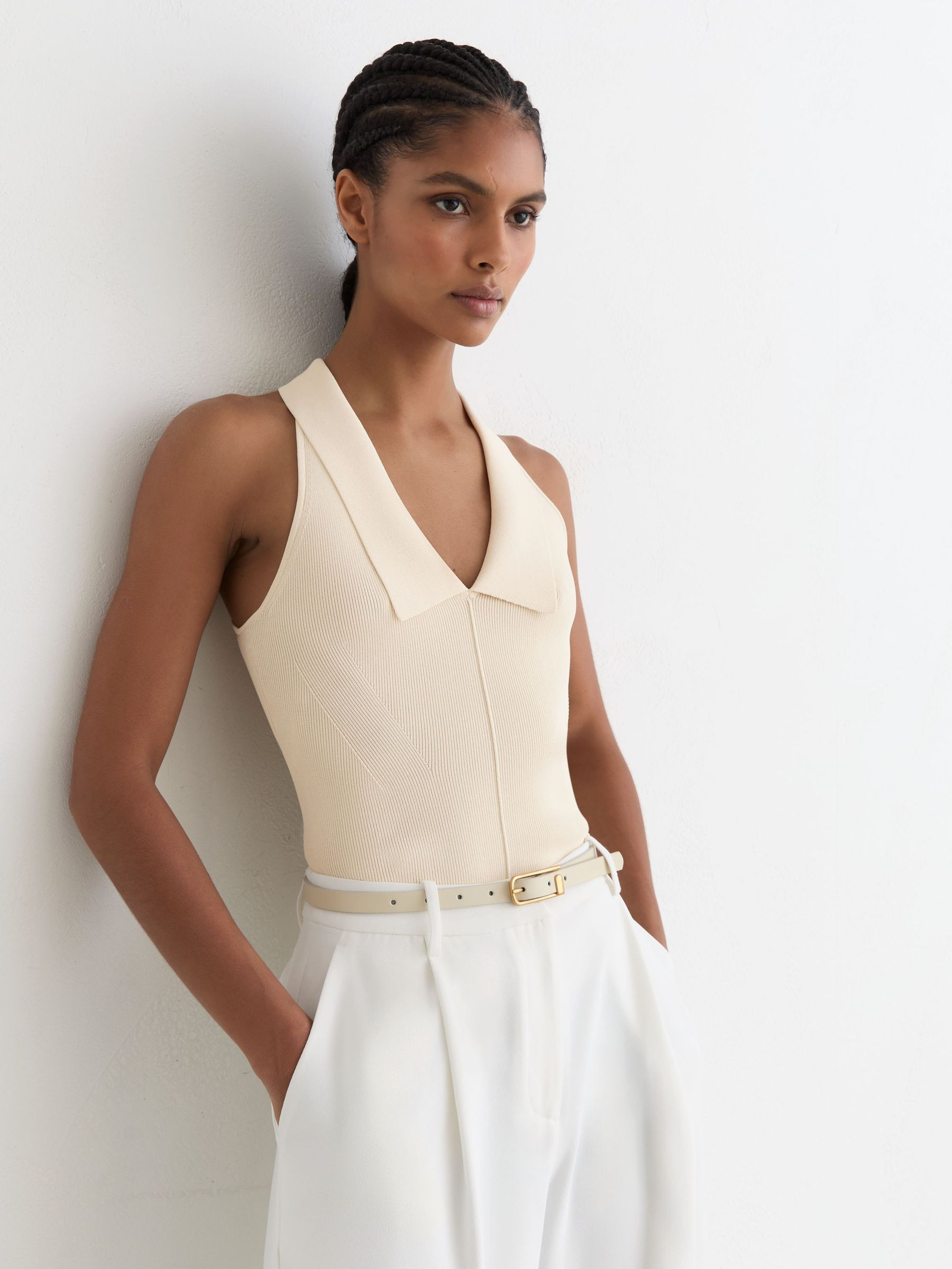 Reiss Collared Rib-Knit Vest in Ivory - REISS | Reiss UK