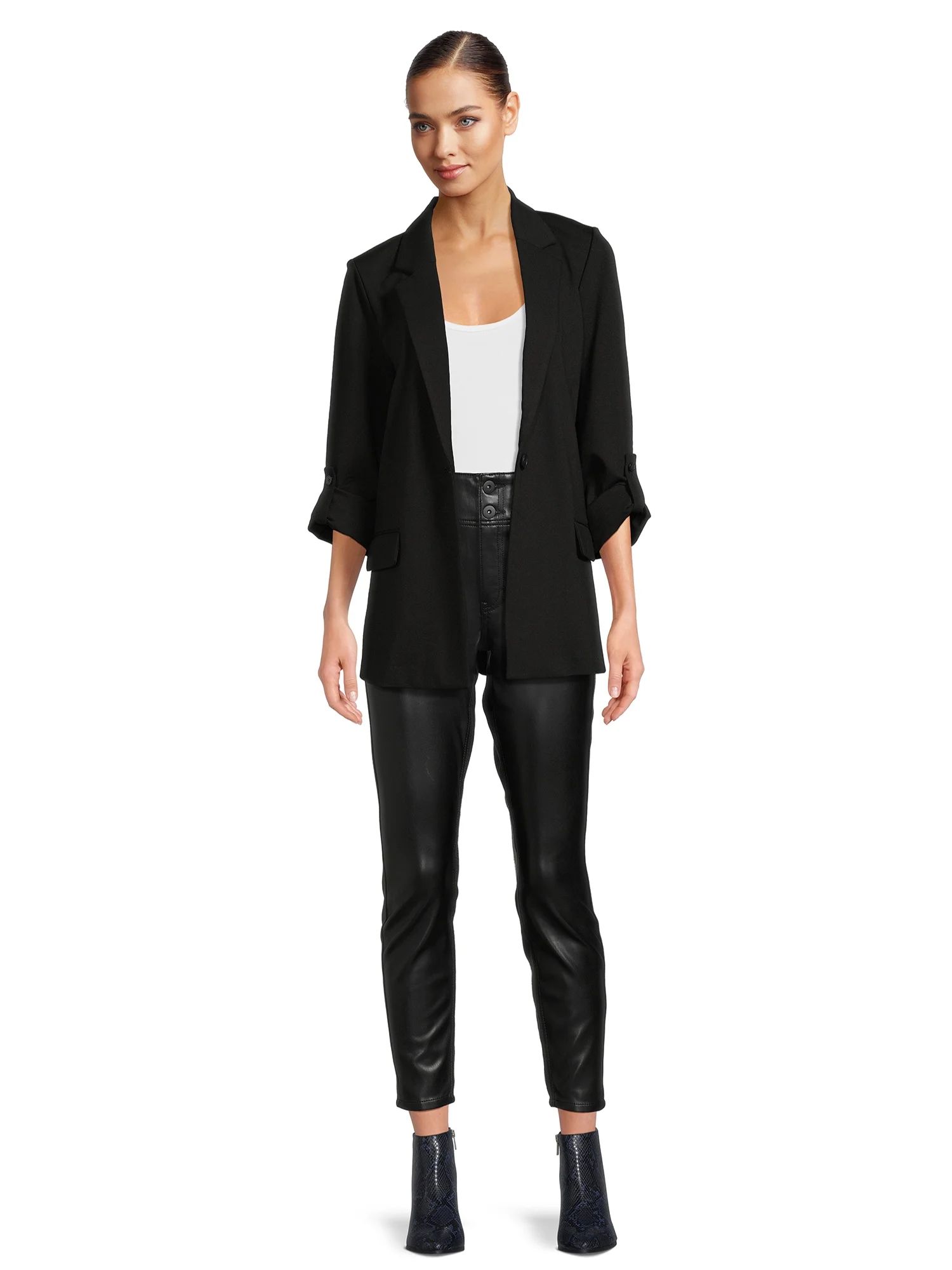 Time and True Women's Relaxed Fit Button Front Ponte Blazer with Adjustable Sleeves, Sizes XS-XXX... | Walmart (US)