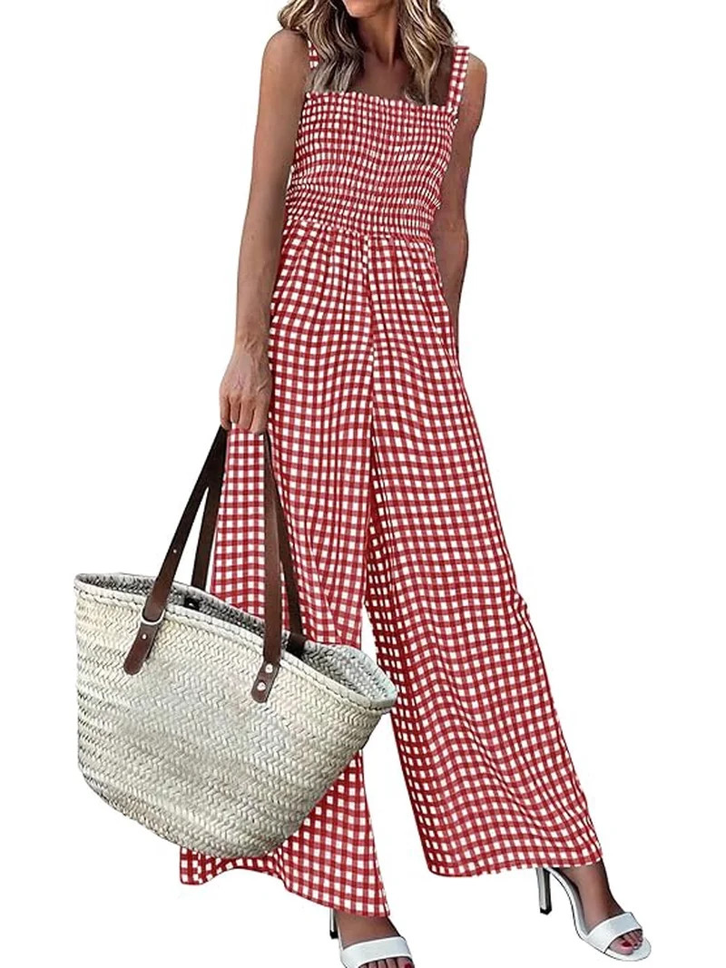 PRETTYGARDEN One Piece Jumpsuits for Women Summer Sleeveless Smocked Gingham Wide Leg Date Night ... | Walmart (US)