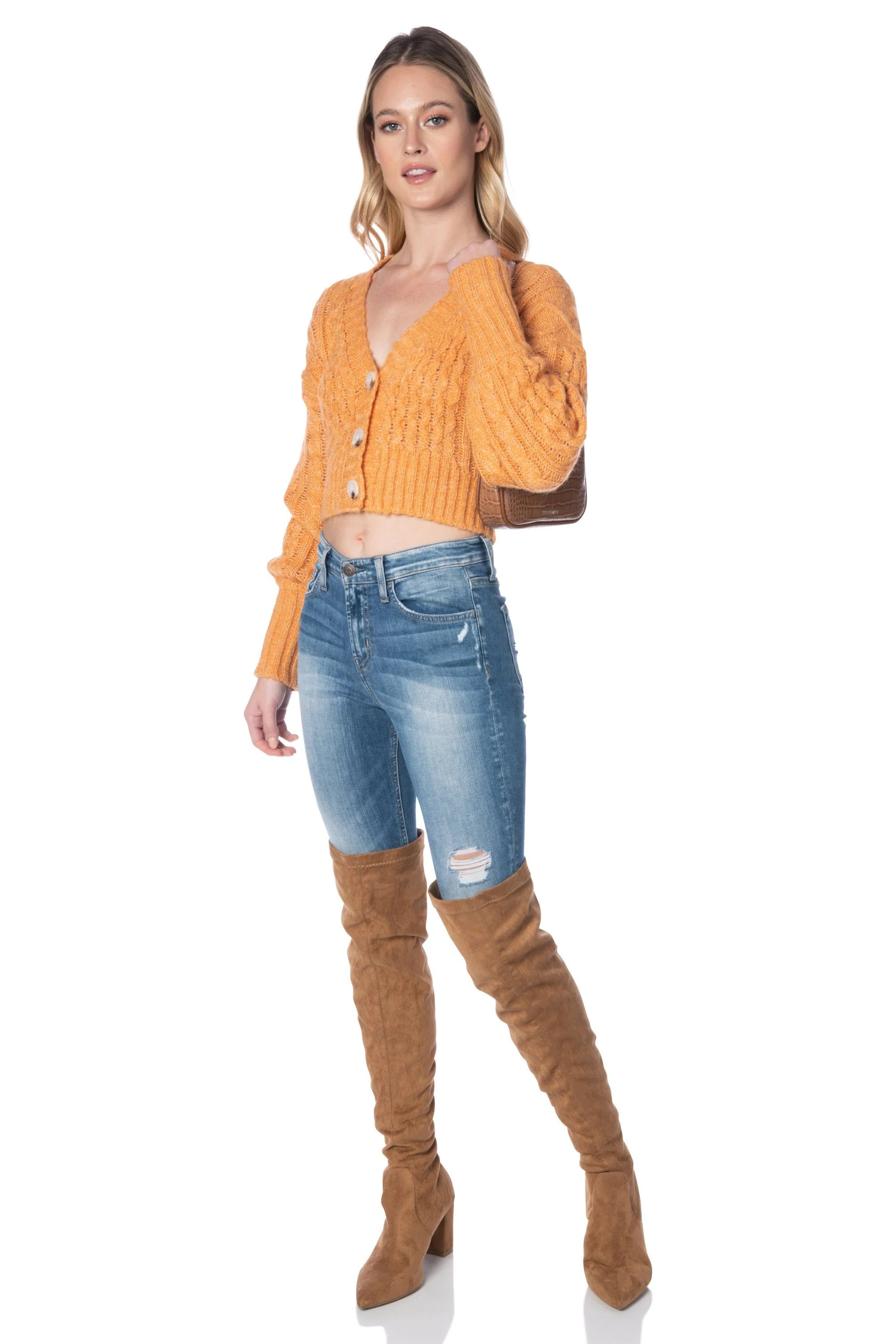 Peach Long Sleeve Cropped Cable Knit Cardigan Sweater (S / Orange / 80% Acrylic, 20% Nylon) | Hypeach Boutique