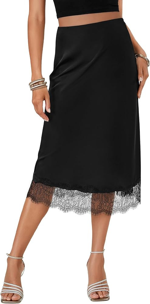 Vrtige Women's Satin Midi Skirt Elegant Silky Lace Trim High Waist Zipper Midi Skirt | Amazon (US)