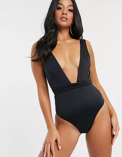 ASOS DESIGN recycled petite glam belted swimsuit in black | ASOS (Global)