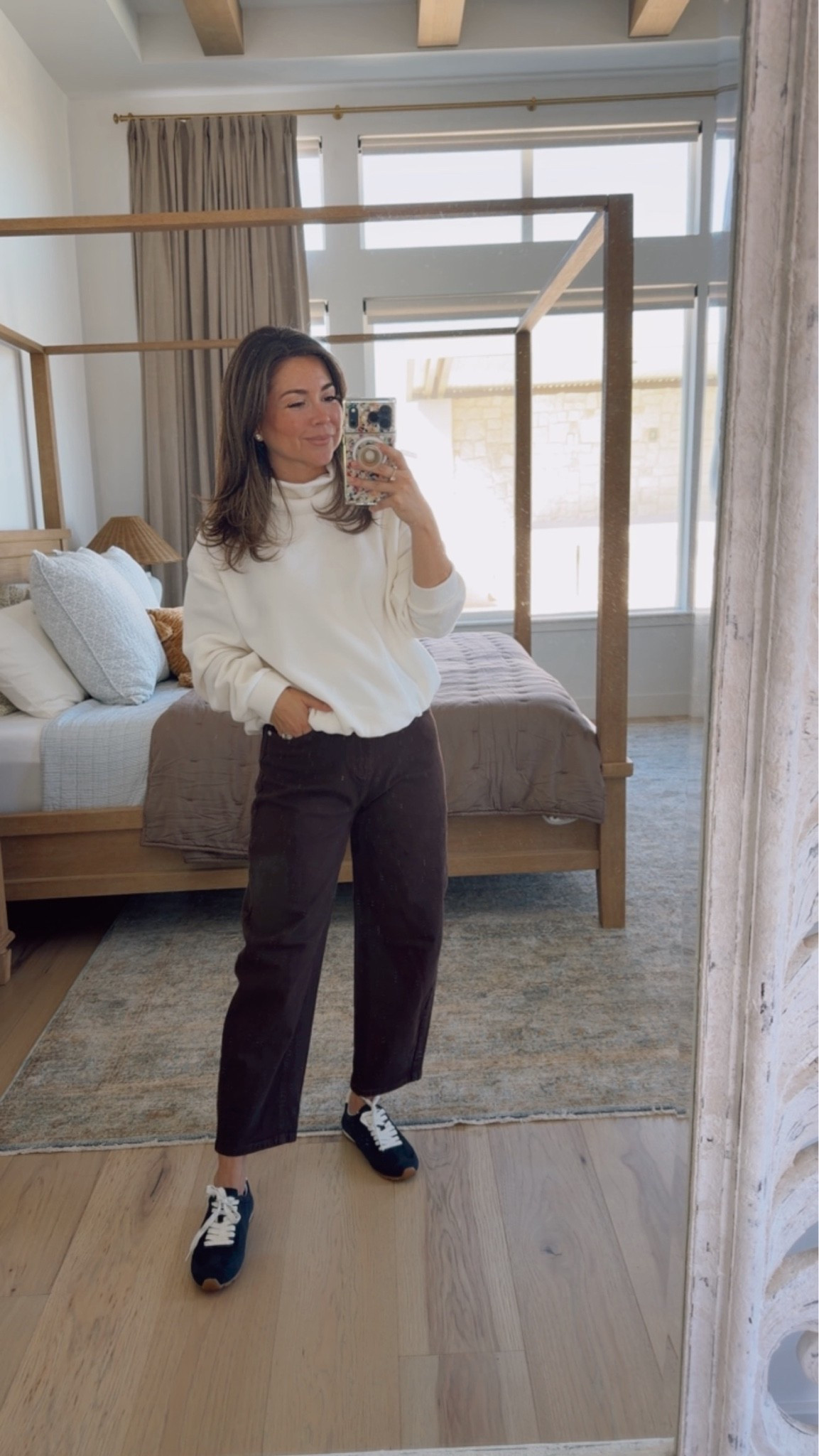 The COZIEST funnel neck pullover and petite brown barrel jeans to go with my waterproof sneakers !!