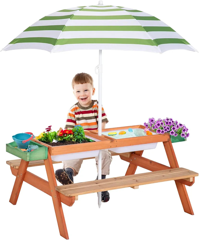Kids Picnic Table, Outdoor Wooden Table w/Adjustable Umbrella & Garden Bed, 4-in-1 Sand & Water A... | Amazon (US)