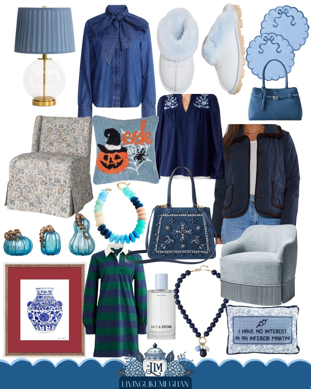 Blue and white is timeless all year round, but adding deep navy and cozy textures makes it feel so right for cool weather! 💙 I’m loving bow tie blouses, plush slippers, and classic blue glass pumpkin accents for a subtle seasonal touch. Plus, how darling is that needlepoint pillow? All these gorgeous blue fashion and home pieces are linked for you right here! 🫐✨

blue and white decor, fall style, classic fashion, navy blue blouse, grandmillennial bedroom, cozy fall fashion, blue glass pumpkins

#LTKSaleAlert #LTKSeasonal #LTKHome