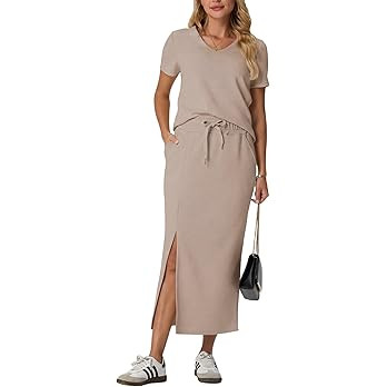 GRECERELLE Women Summer Casual 2 Piece Sets V-Neck Wrinkle-Free Top & Elastic Waist Midi Side Sli... | Amazon (US)