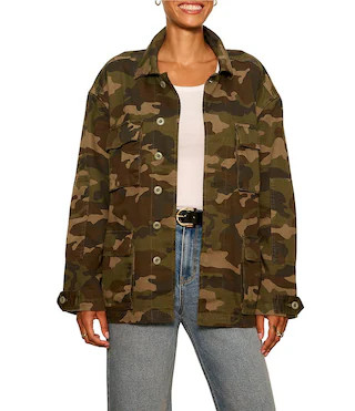 Sanctuary Reissue Camo Point Collared Long Sleeve Button Front Belted Field Jacket -  S | Dillard's